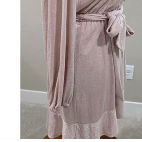Lauren Conrad Shimmering Pink Long Sleeve Wrap Dress Ruffle Hem Womens L - Picture 3 of 5